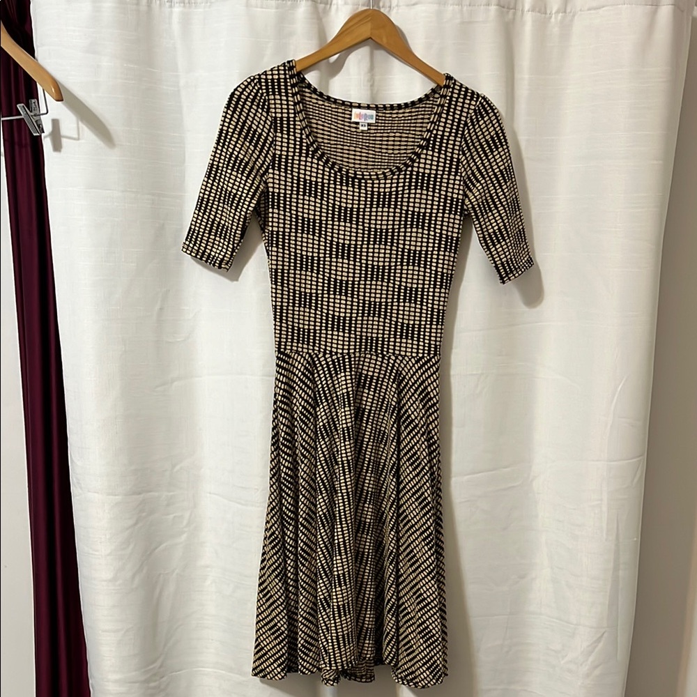 LuLaRoe Gold  Fit and Flare Midi Dress Scoop Neck Short Sleeve